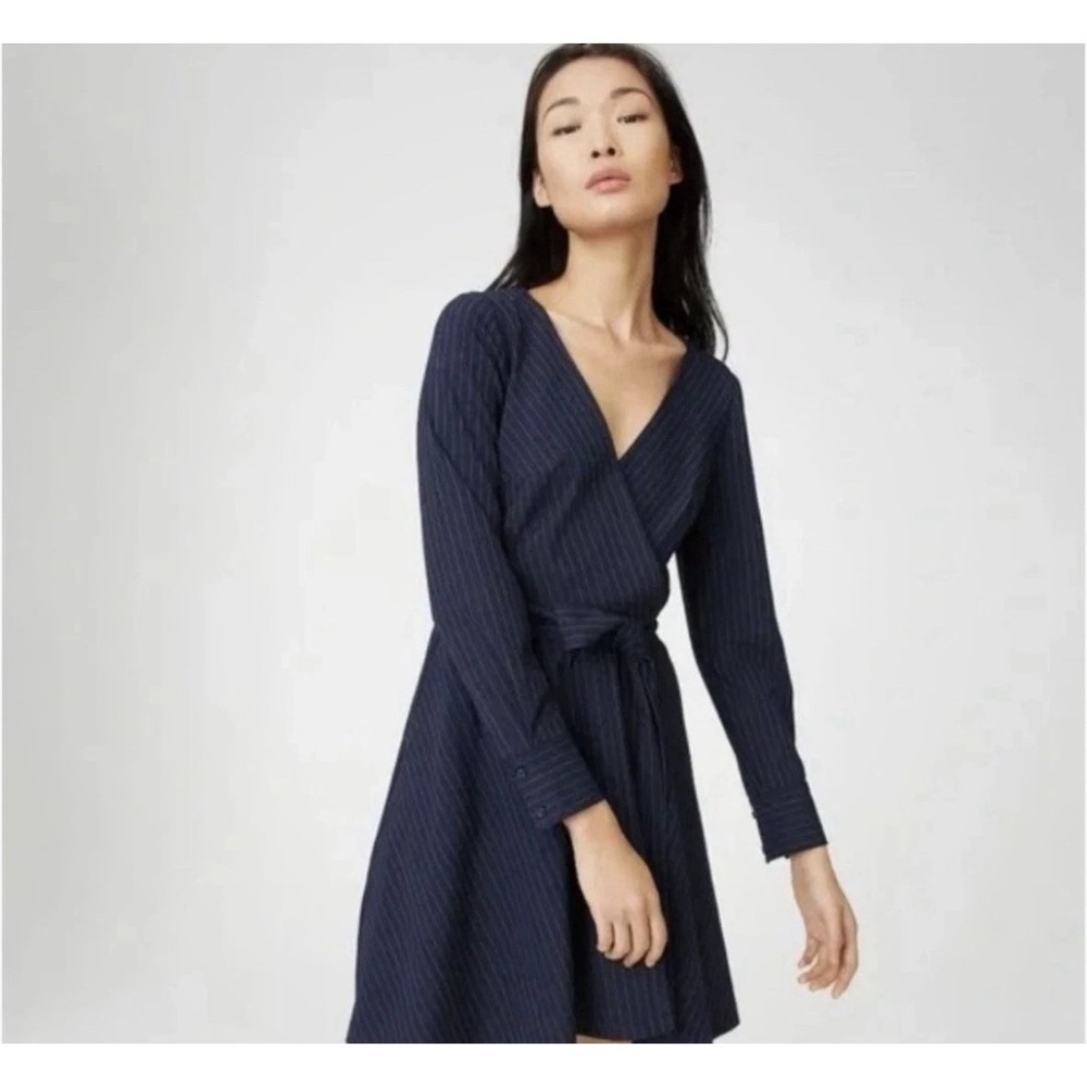 Club Monaco Navy Pinstripe Wrap Front Fit & Flare Dress Long Sleeve Size 00